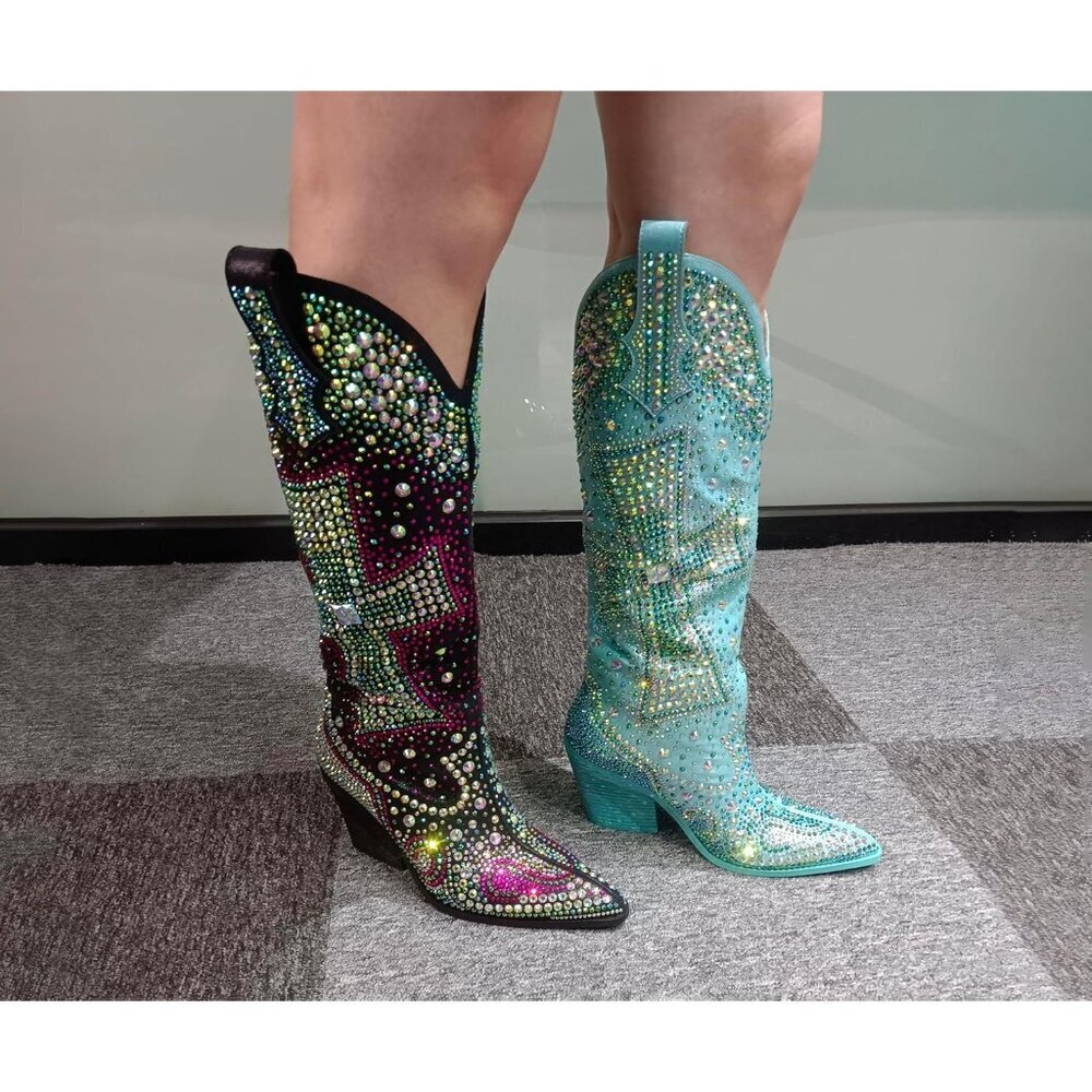 Women's Blue Fashion Rhinestone Cross Western Knee-High Cowboy Faux Leather Boot - Picture 8 of 9